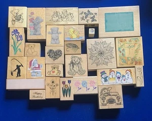 JOB LOT OF VARIOUS WOODEN RUBBER CRAFT STAMPS - Picture 1 of 8