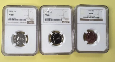 Proof nickel set 1957, 1958, 1959, all graded NGC PF68 - Image 1 of 2