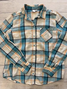 Bongo Shirt Womens Medium Blue Teal Plaid Button Down Long Sleeve Casual Cotton - Picture 1 of 6