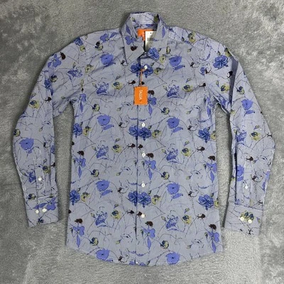 Camisa de vestir Tallia para hombre pequeña azul floral manga larga abotonada algodón Foto 1 de 4