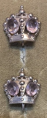 Pendientes vintage de plata de ley con corona atornillada piedras rosas Foto 1 de 4