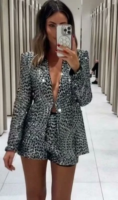 ZARA BNWT  Silver LAPELLESS Sequin embroidered Blazer Jacket Coat XL - Image 1 of 4