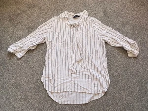 Dorothy Perkins white & navy stripe 3/4 sleeve blouse tie neck size 12 - Picture 1 of 8