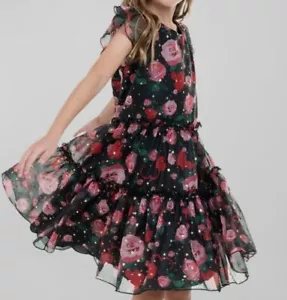 $195 Zoe Ltd Kid's Girl's Black Chrisell Floral-Heart Print Chiffon Dress Size 4 - Picture 1 of 5