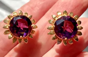 10K Solid Yellow Gold Purple Amethyst French Clip Omega Earrings 4ct - Picture 1 of 6