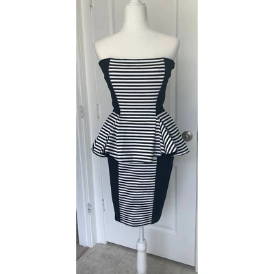 Torn by Ronny Kobo 80's 90's Black and White Striped Flounce Dress M - Imagem 1 de 4