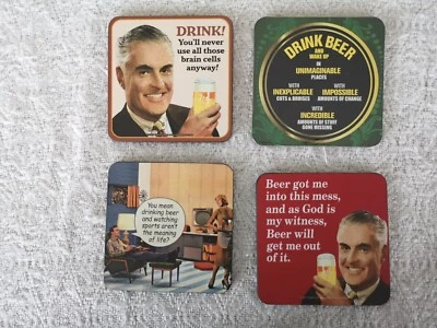 Juego de 4 posavasos de comedia de arte retro - Beber alcohol con temática de cerveza - Nuevo Foto 1 de 3
