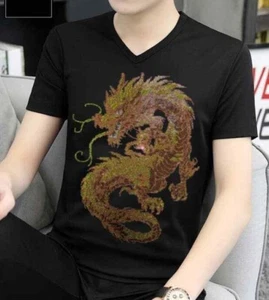 New Men V-Neck Luxury Diamond Dragon Rhinestones Fashion T-Shirt High Quality - Picture 1 of 7