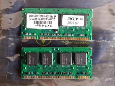 1gb (2x512mb) Pc2-4200 Ddr2-533 533mhz RAM SODIMM GU33512AGEPN612C ELPIDA ACER - Immagine 1 di 2
