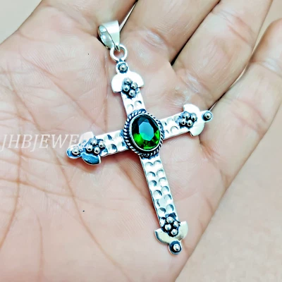 Chrome Diopside Oval Gemstone Jewelry 925 Sterling Silver Man's Cross Pendant - Image 1 of 4