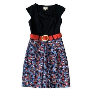 Milly Colorblock Belted Cap Sleeve Dress Navy Blue & Orange Size 2 - Picture 1 of 14