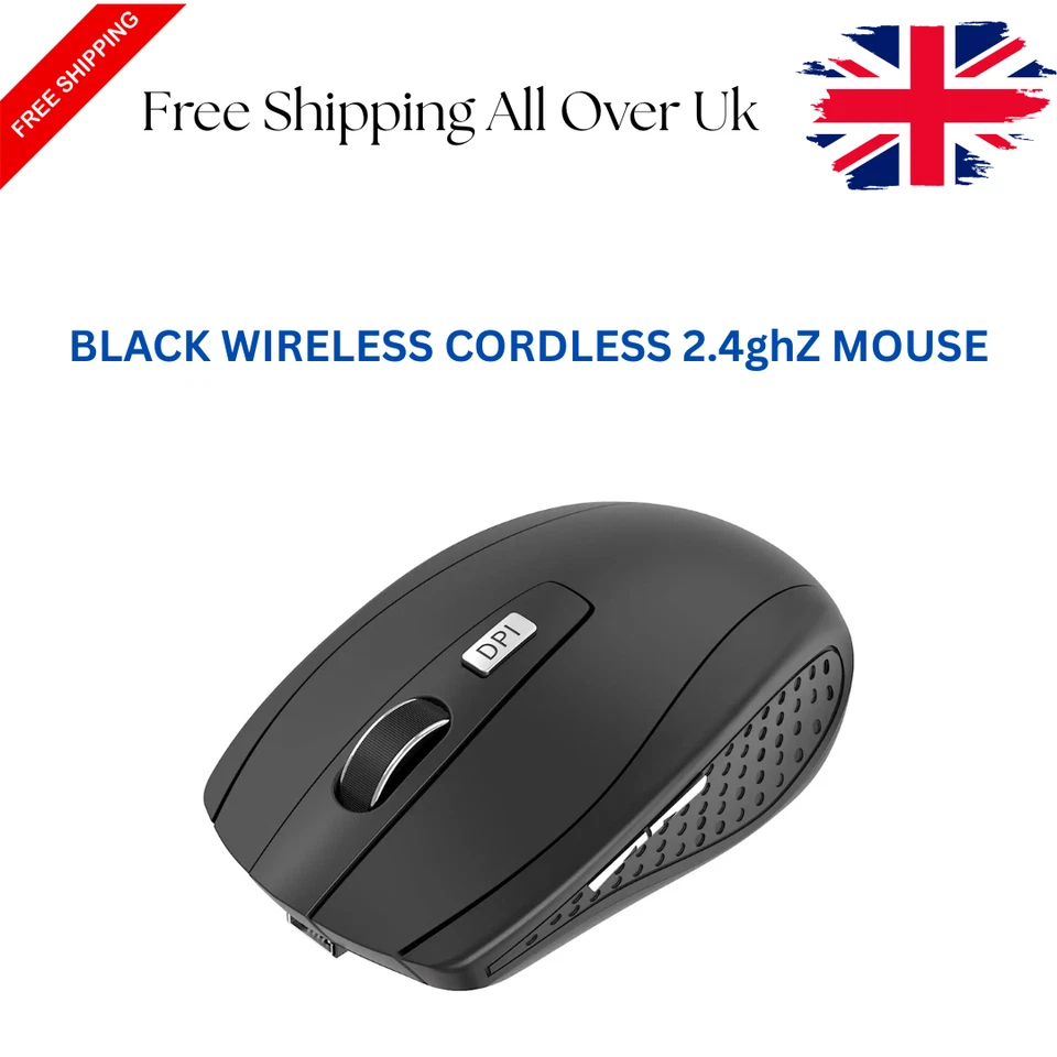 BLACK WIRELESS CORDLESS 2.4ghZ MOUSE USB DONGLE OPTICAL SCROLL FOR PC LAPTOP MAC - Image 1 of 4
