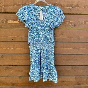 Neu mit Etikett $ 330 Poupette St Barth Camila geblümt V-Ausschnitt Rüschen gesmoktes Minikleid Gr. S - Bild 1 von 9
