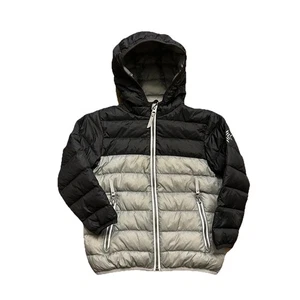 Hanna Andersson Jungen schwarz grau Daunen gefütterte Jacke Reißverschluss Jacke Kapuze Gr. 100 US 4 - Bild 1 von 7