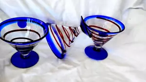 KOSTA BODA Royal Caribbean Margarita Martini Glasses (3) Cobalt Blue Red Swirls - Picture 1 of 4