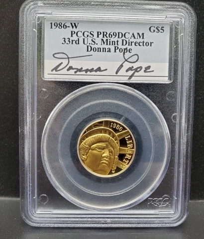 1986-W $5 Statue of Liberty Gold Coin-PCGS PR69DCAM- Donna Pope Signature Label Cover