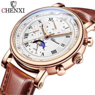 CHENXI Reloj Hombre Números Romanos Cronógrafo Fecha Reloj Pulsera Hombre Cuero Relojes Foto 1 de 4