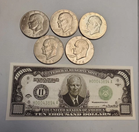 1970s Eisenhower Silver Dollars - Lot of 5 & $10,000 bill novelty Bank note Cover