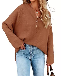 Womens V Neck Oversized Sweater Long Sleeve Knitted Jumper Button Up (Brown, XL) - Picture 1 of 5