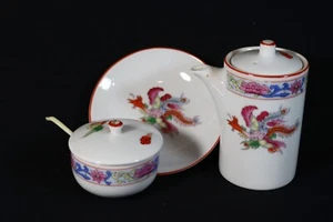 Vintage Japanese Porcelain Plate Creamer Sugar Condiment Set Phoenix Bird Design - Picture 1 of 14