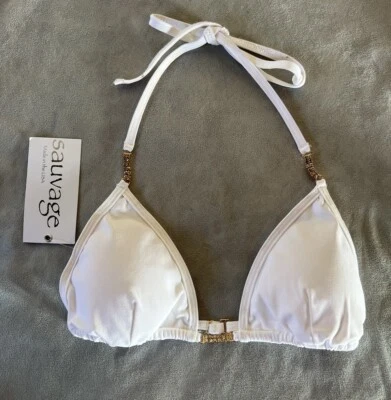 Top de bikini Sauvage Swim Celebrity blanco triángulo con correas de cristal talla pequeña nuevo con etiquetas Foto 1 de 4