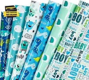 Baby Boy Wrapping Paper Sheet - Boy Lettering and Dinosaur Design for Birthdays, - Picture 1 of 8