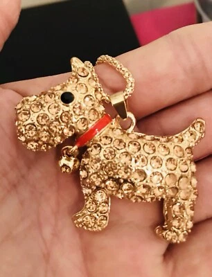 Betsey Johnson Brown Crystal Red Bell Collar Puppy Dog Pendant Necklace NWT - Image 1 of 4