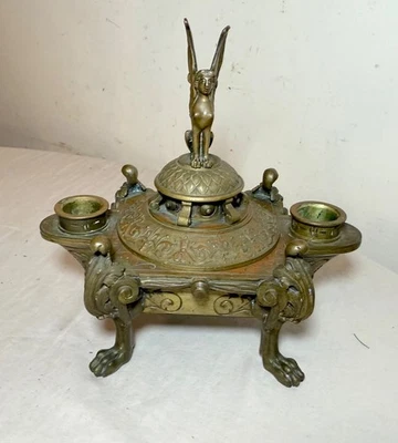 Antique ornate 19th century bronze Egyptian revival candelabra desk jar Sphinx - Image 1 of 4