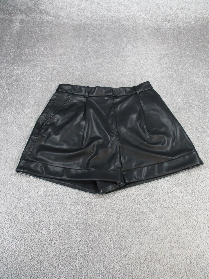 Zara 短裤女式大号黑色人造皮革高腰打褶前 3 * — 第 1/4 张图片