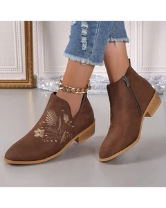 Everyday the Label Embroidered Suede Point Toe Block Heel Boots Women Brown - Foto 1 di 22