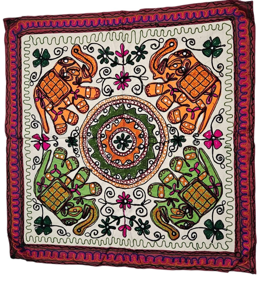 Vintage Boho Patchwork Tapestry Wall Hanging Indian Embroidered Art 35x35" - Image 1 of 1