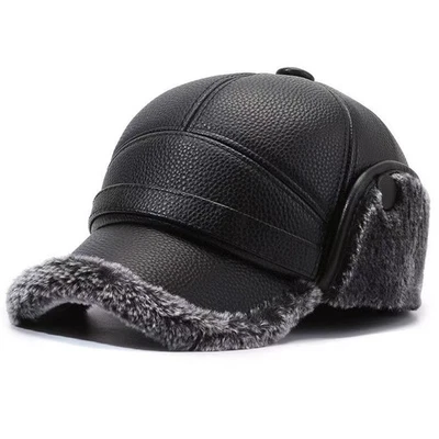 Gorra de béisbol de cuero de invierno, sombrero ajustable para hombre con orejera, sombrero de caza suave Foto 1 de 4