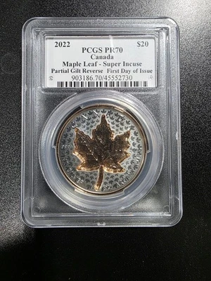 2022 $20 PCGS PR70 FD0I CANADA SILVER MAPLE LEAF SUPER INCUSE PARTIAL GILT REV - Image 1 of 2