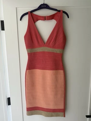 Herve Leger Women's Bodycon Dress, Pink-Salmon W Gold Sz M, Excellent Condition - Image 1 of 4