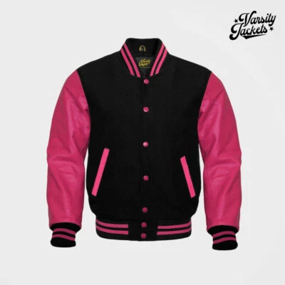 Black body Pink Sleeves Premium Varsity Jacket Letterman Baseball College Bomber - Image 1 of 4