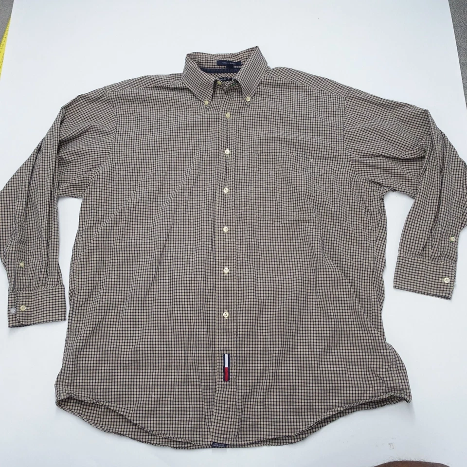 Винтажная мужская сорочка Tommy Hilfiger 16,5 серо-коричневая клетчатая поплин на пуговицах - Изображение 1 из 4