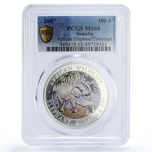 Somalia 100 shillings Wildlife Elephant Fauna Colored MS68 PCGS silver coin 2007 - Picture 1 of 2