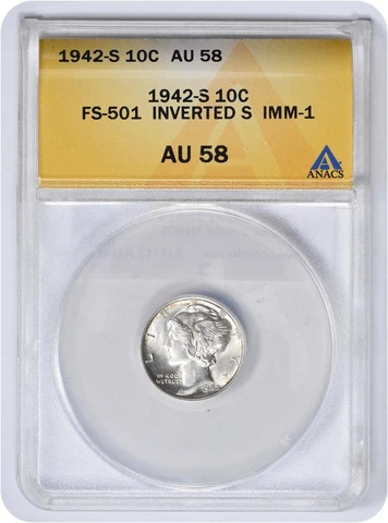 1942-S Mercury Silver Dime FS-501 Inverted S AU58 ANACS Cover