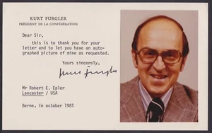 Kurt Furgler, Switzerland President, autograph on card with color photo - Picture 1 of 1