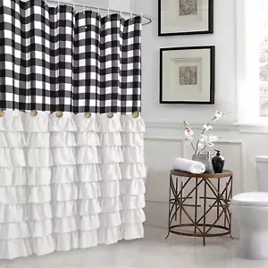 White Ruffle Farmhouse Shower Curtain Set with 12 Hooks 72 X 72Inch Black and Wh - Picture 1 of 7