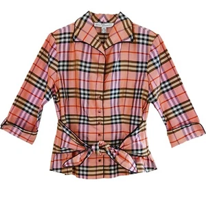 Marisa Baratelli Size 8 Front Tie Thai Silk Orange Pink Gold Plaid Blouse Top - Picture 1 of 9