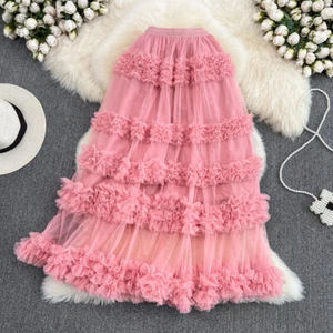 High Waist Mesh Skirt Elastic Waist Mid Length Knee Length Irregular Cake Skirt - Picture 1 of 32