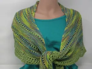 Handcrafted Knitted Shawl Green/Teal Lace Female Adult Greens Striped - Picture 1 of 6