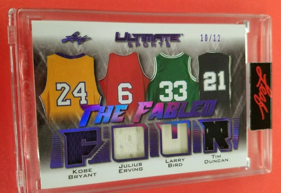KOBE BRYANT LARRY BIRD TIM DUNCAN DR J 4 GAME USED JERSEY CARD #d10/12 ULTIMATE - Image 1 of 2