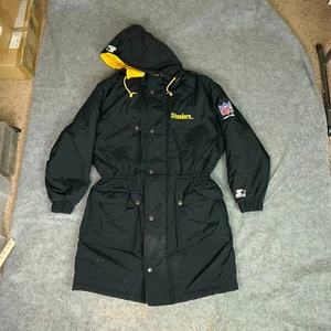Vtg Pittsburgh Steelers Mens Jacket Large Black Starter Pro Line Trench Puffer - Picture 1 of 14