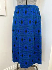 Vintage 60s 70s Blue Green Boho Geometric Diamond Pattern Knit Skirt M L 12 - Picture 1 of 10