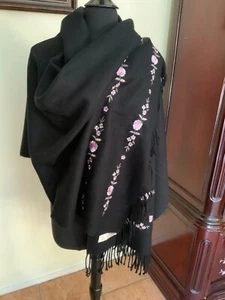 Cashmere scarf wrap by Royal Rossi Black with Embroidery - Picture 1 of 3