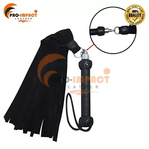 Real Genuine Suede Black Leather Flogger 25 Falls Revolving Equestrian Whip Crop - Picture 1 of 9