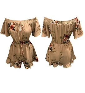 Schulterfreier Playsuit Damen Frauen beige sandfarben Blumenmuster vorne zum Binden - Bild 1 von 6