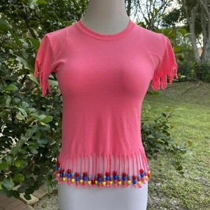Gildan Hot Pink Beaded Tassel Tshirt Youth Girls SZ XS Cotton Blend New - Picture 1 of 11